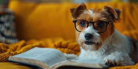 Surprised dog in glasses holding opened book, on yellow background