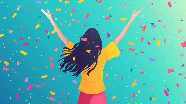 Colorful illustration of a woman celebrating with outstretched arms surrounded by confetti, symbolizing joy and festivity.