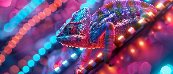 A colorful chameleon is climbing on a RGB LED strip light High resolution photography. 