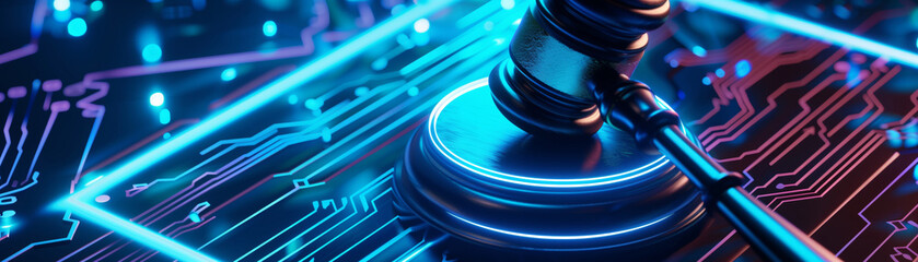 Digital gavel on neon circuit board representing technology and justice integration, ideal for cybersecurity and legal tech themes.