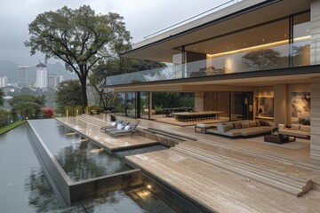 Obraz premium Contemporary luxury house with a large pool, modern architecture, and expansive outdoor spaces, perfect for upscale living and entertaining in a beautiful natural setting