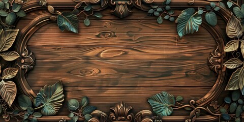 fantasy wood background with leaf and carved frames, empty center, ultra realistic,