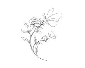 Continuous one line drawing of beautiful flower with butterfly. Flower and butterfly simple outline vector. Editable stroke.