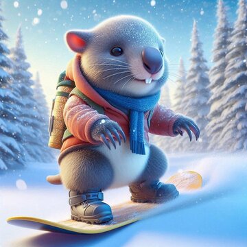Wombat auf e inem Snowboart
