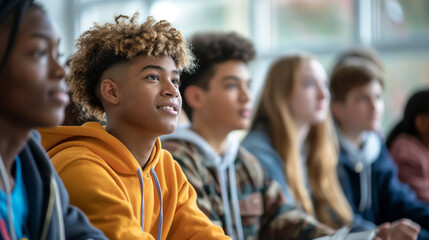 A diverse group of teenagers looks focused and engaged while attending a classroom lecture, displaying attentiveness
