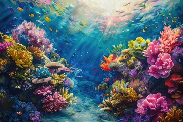 Colorful coral reef teeming with tropical fish and marine life, vibrant hues, photorealistic, serene and lively,