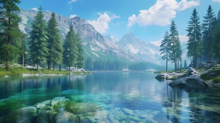 a mountain lake with crystal clear water, surrounded by pine trees and mountains,