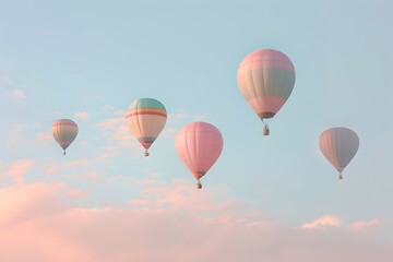 Naklejka premium Pastel Hued Hot Air Balloons Drifting Peacefully Through the Serene Sky