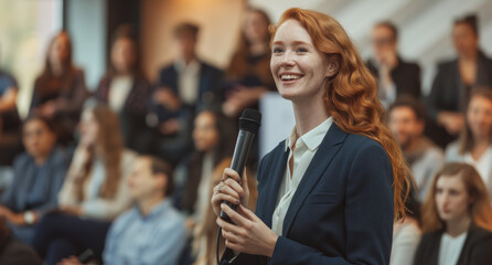 A smiling ginger business woman is standing in front of an audience holding a microphone. She is wearing a dark blue suit jacket and white shirt. People are sitting behind her on the stage watching - Powered by Adobe
