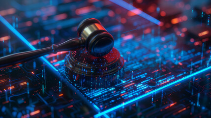 Futuristic legal concept with a judge's gavel on a digital circuit board, highlighting the intersection of law and technology.