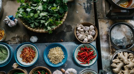 A top-down view of a Thai kitchen counter with neatly arranged bowls of garlic, ginger, chili peppers, and other essential seasonings