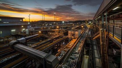 A high-tech recycling facility at sunset, where automated sorting machines process various types of waste materials. 