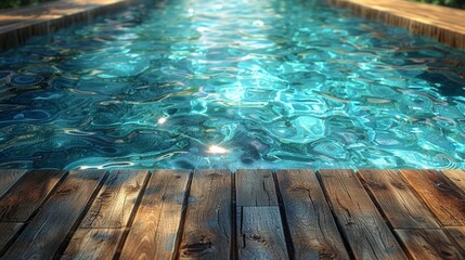 Cool, refreshing essence of summer, featuring the warm tones of a wooden sundeck contrasted with the shimmering blue and turquoise reflections of pool water, ai generated