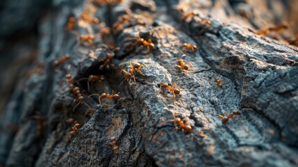 A trail of ants marching along a tree trunk, highlighting their organized behavior and communal effort