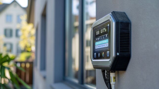 A close-up of an advanced smart meter on the side of a residential home, displaying real-time energy consumption data on a digital screen. 
