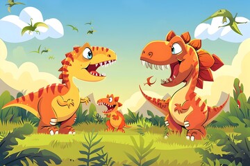 Cartoon Dinosaurs Playing in a Prehistoric Park Scene