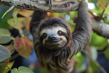 Fototapeta premium Charming Sloth Hanging from a Tree Branch in Lush Jungle Environment