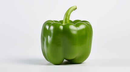 A crisp green bell pepper on a spotless white surface.