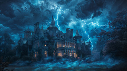 An eerie mansion illuminated by a flash of lightning, with dark clouds swirling above