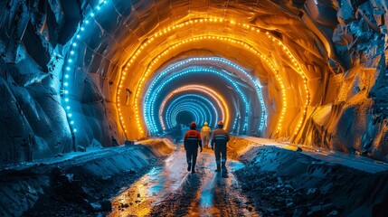 Miners walking through illuminated tunnel with contrasting orange and blue lights