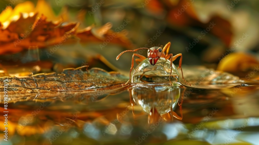 Poster an ant drinking from a water droplet on a leaf, with the droplet reflecting the surrounding environm