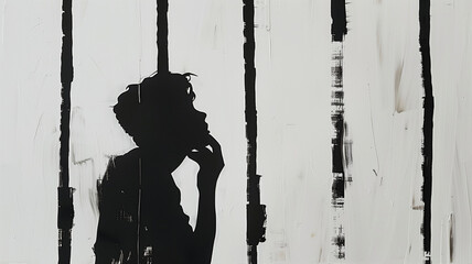 A silhouette of a person amidst abstract vertical black and white lines. 