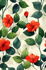 Red Flowers and Green Leaves on White Background