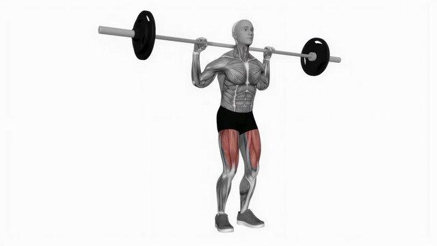 3D illustration animation of a fitness male model doing the barbell Ass-To-Grass squat workout