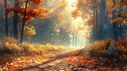 Create a tranquil scene of woodland walks in autumn. Illustrate a winding path through a forest, with fallen leaves carpeting the ground and sunlight filtering through the trees. Use muted colors and