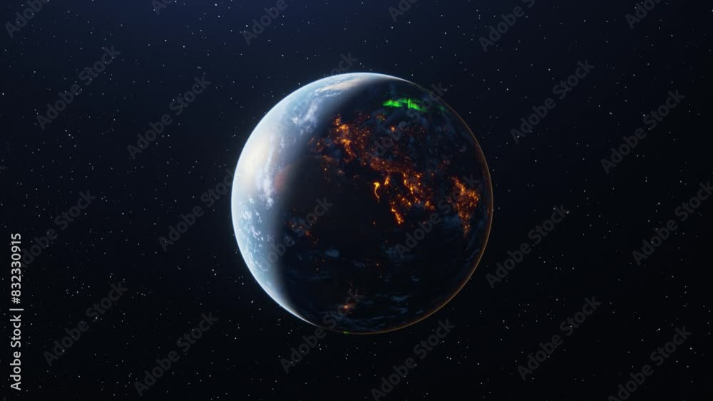Sticker 3d rendering of earth from space with half in darkness showing city lights and faint aurora