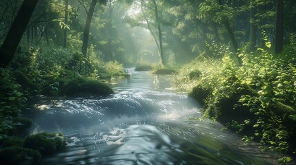 A serene and super realistic image of a mountain river with clear water, rocky banks, and lush greenery, - Powered by Adobe