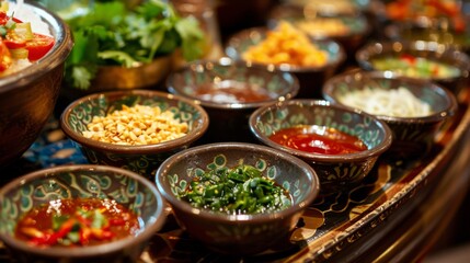 Obraz premium An array of Thai dipping sauces, including nam pla prik and peanut sauce, in small bowls on a beautifully set table