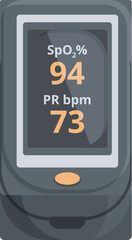 Digital illustration of a pulse oximeter displaying blood oxygen saturation spo2 percent and pulse rate pr bpm