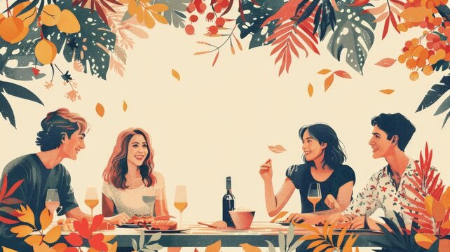 Capture the festive spirit of autumn gatherings in a minimalist digital illustration. Show friends or family members gathered around a table, sharing a meal or enjoying each other's company. Use