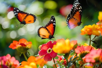 Fototapeta premium Vibrant Butterflies Fluttering Joyfully Around Blooming Flowers in a Lush Garden