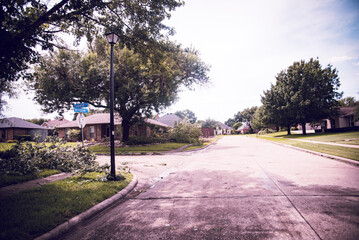 Corner house front yard curbside landscaping damaged by large branch fallen off from tall tree by strong wind heavy storm in Dallas, Texas, home insurance claim concept, severe weather, tornado