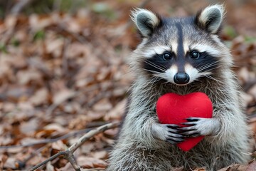 Adorable Raccoon Holding a Heart Shaped Gift in the Autumnal Forest