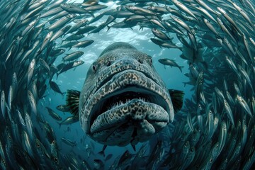 Underwater View of Fish School and Giant Fish