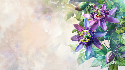 Purple passion flower in tropical garden. Water color painting of tropical flower.