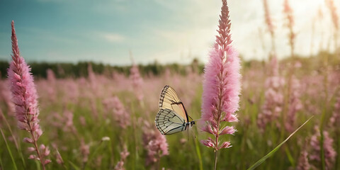 butterflies fluttering amidst a field of pink wildflowers. Ideal for nature-themed projects, spring promotions, and designs promoting freedom and joy.