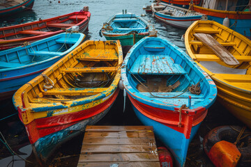 Obraz premium Colorful fishing boats docked in a serene fishing village, peacefully resting in calm waters on a beautiful day.