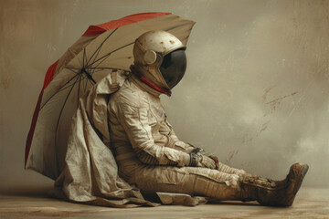 astronaut in full gear sits on the ground, holding an umbrella protectively overhead, as if waiting for a celestial downpour.