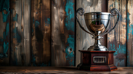 Elegant silver trophy gleaming against sophisticated dark wooden panel background
