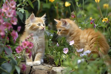 Charming Kittens Playfully Exploring a Flower filled Garden