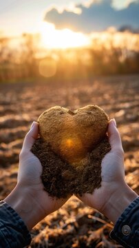 Hands holding a heart-shaped piece of soil at sunset, symbolizing love for nature and sustainability in a serene, rural setting.