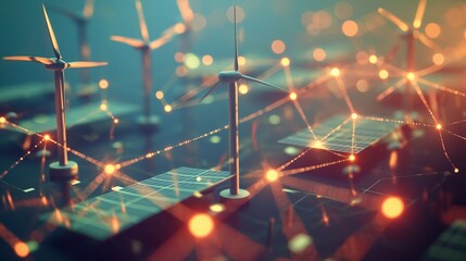 A network of renewable energy sources like wind turbines and solar panels connected to a smart grid, illustrating how the grid integrates various power sources to maintain steady electricity supply.