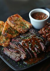 BBQ Brisket - Sliced BBQ brisket with a side of baked beans. 