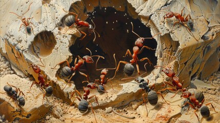 Ants building a nest in a sandy area, with some carrying grains of sand and others guarding the...