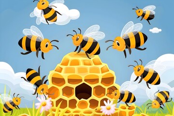 Adorable Cartoon Bees Buzzing Around Vibrant Honeycomb Hive in Scenic Outdoor Setting