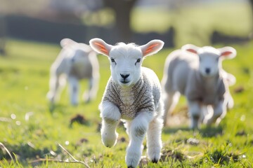Fototapeta premium Adorable Baby Lambs Frolicking in a Lush Green Meadow Field on a Bright Sunny Day